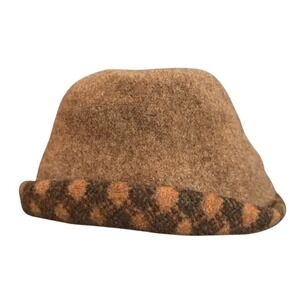 Wool Bucket Hat Women Free Size Brown Orange Plaid Brim Cozy Winter